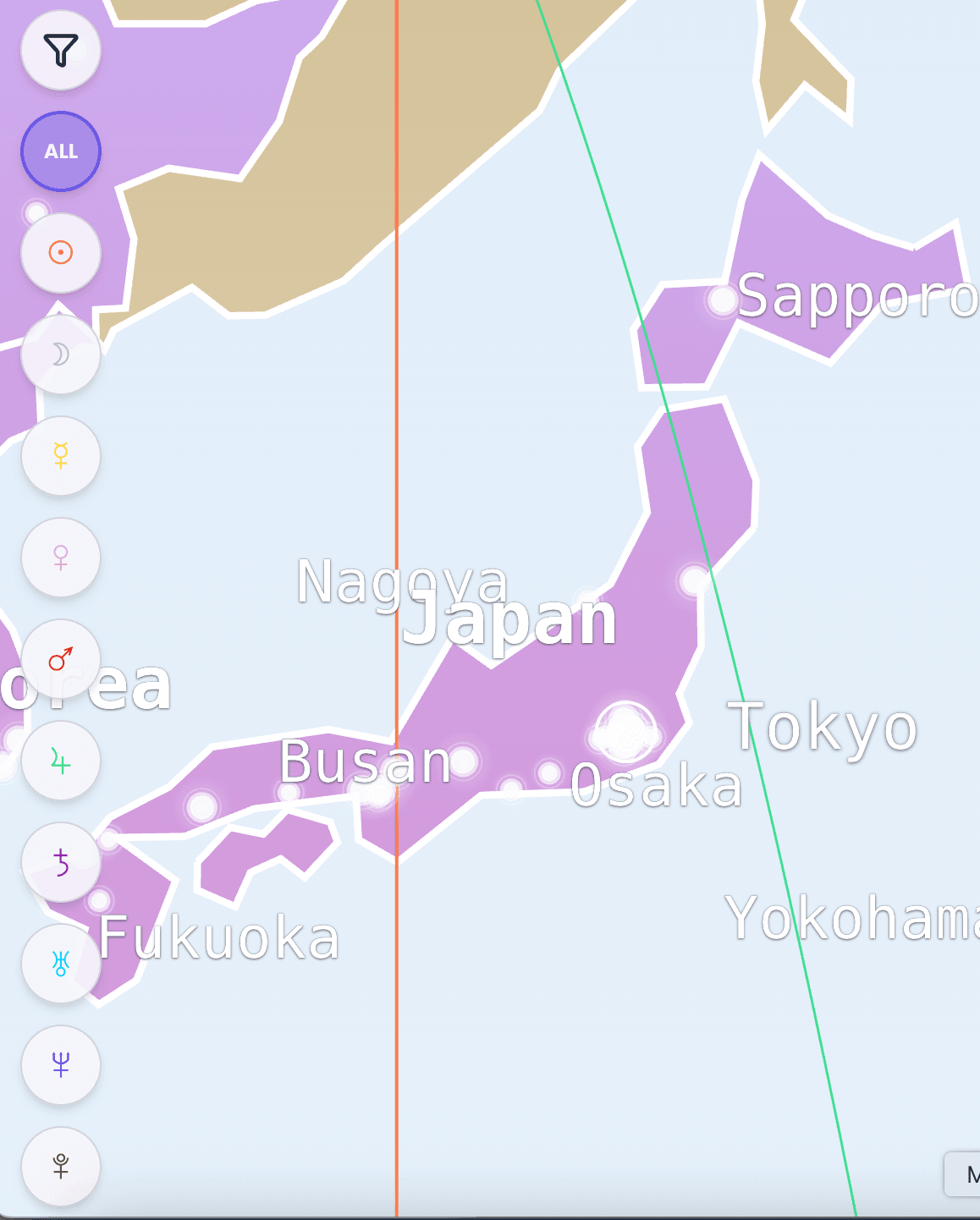 Astrocartography map zoomed into Tokyo showing planetary lines