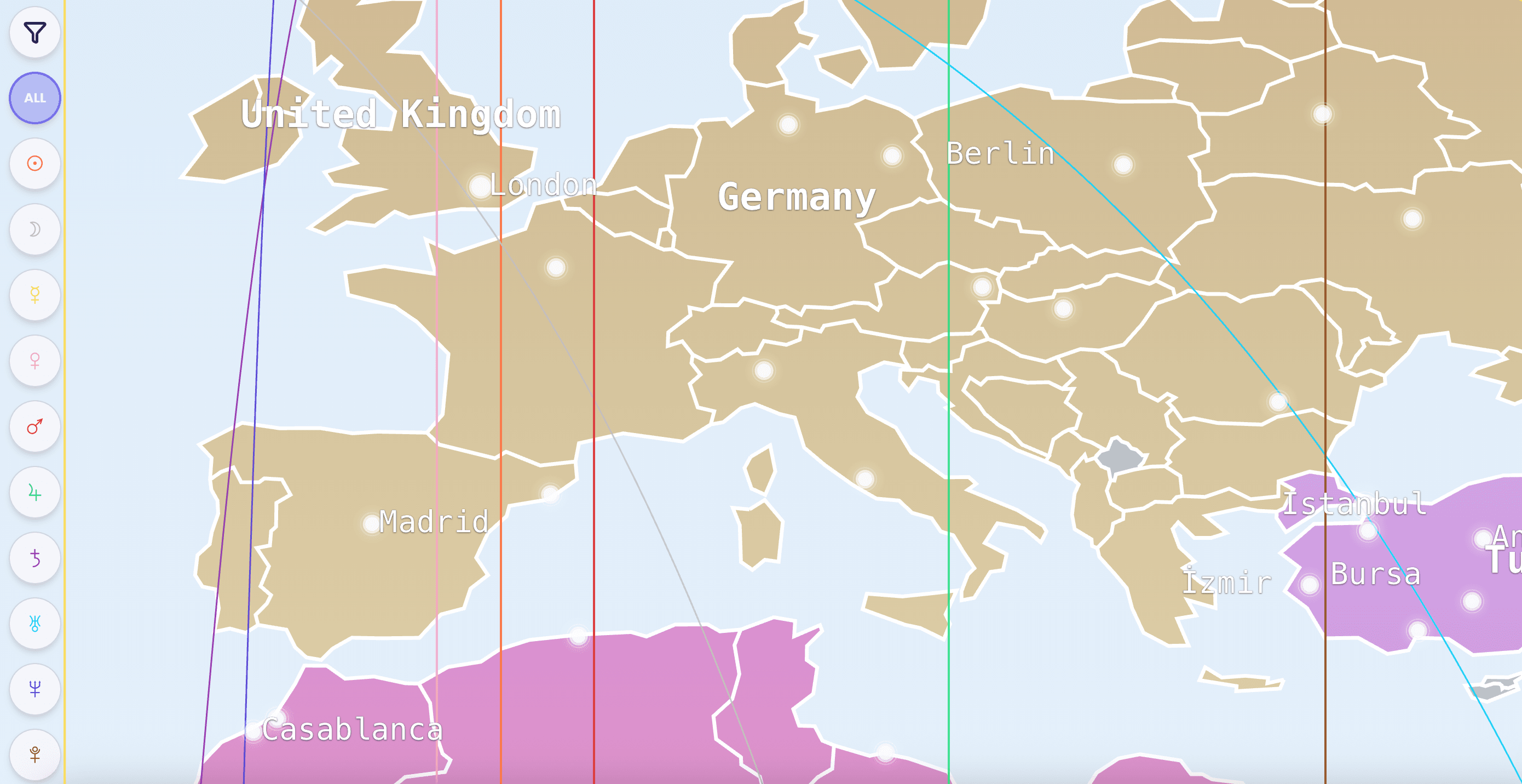 Astrocartography map showing planetary lines
