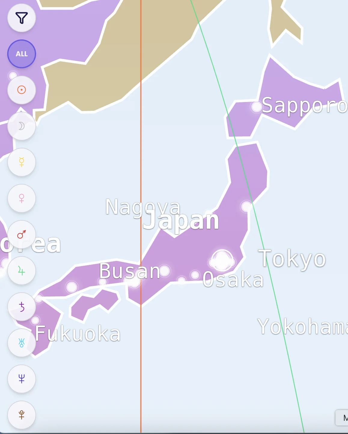 Astrocartography map zoomed into Tokyo showing planetary lines