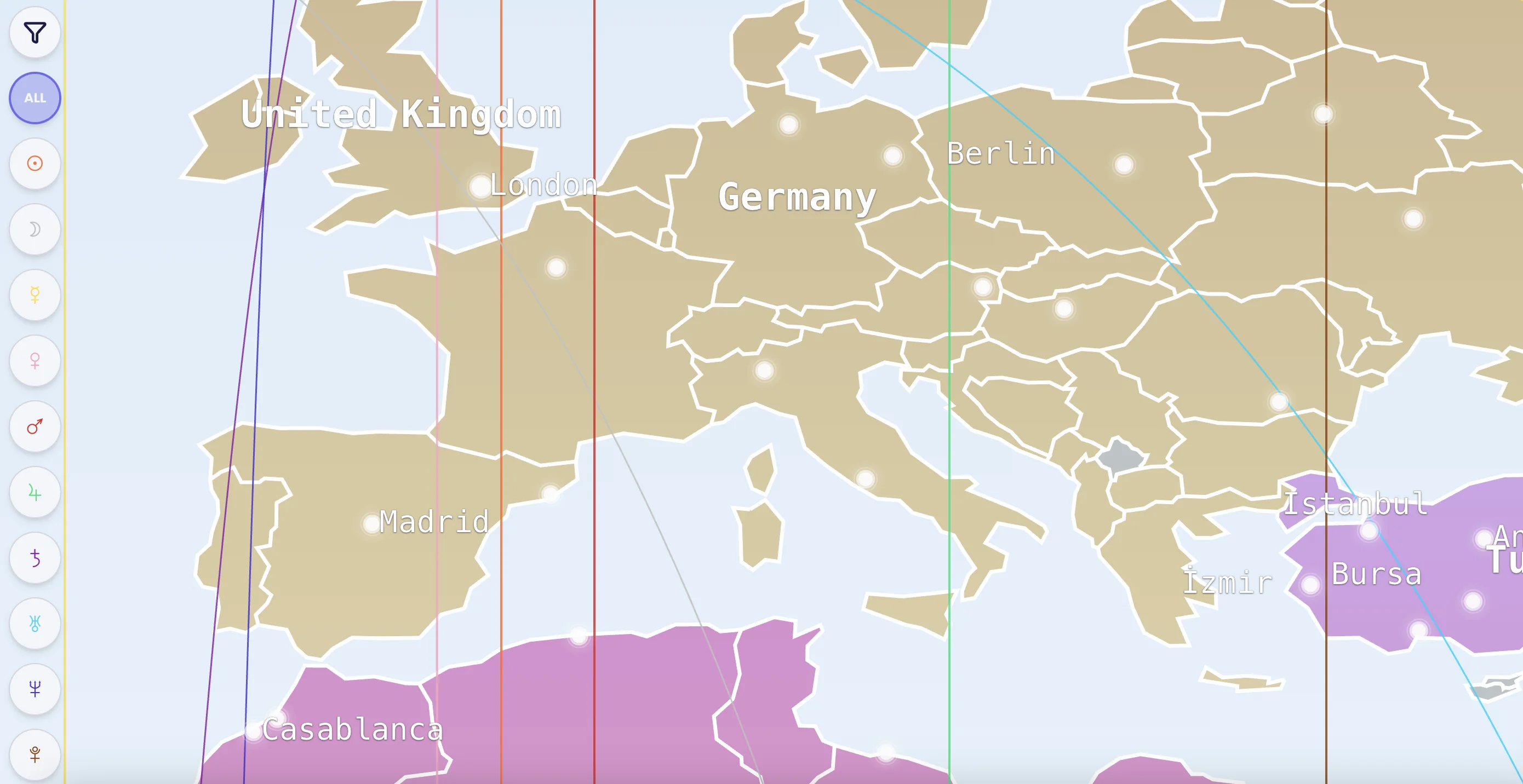 Astrocartography map showing planetary lines